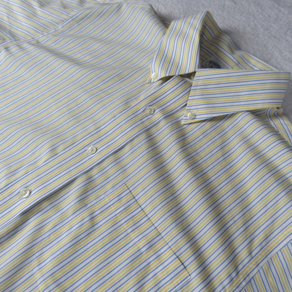 Brooks Brothers 346 Shirt Men's 16-4/5 Yellow Blue Striped Non-Iron Slim Fit